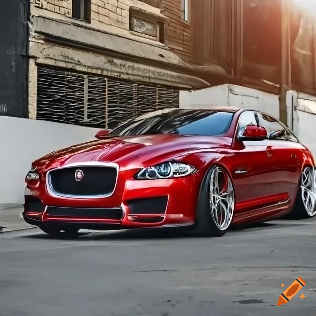 Jaguar xjr in candy apple red with silver fivespoke wheels and flared
