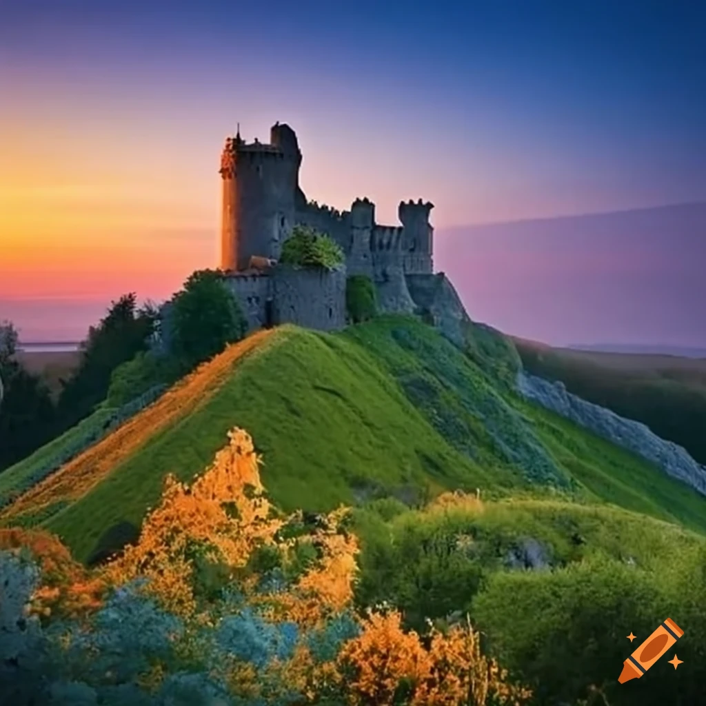 Stone castle on a hill surrounded by gardens on Craiyon