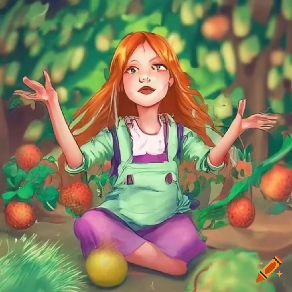 Magical female gardener with ginger hair in a fruit garden