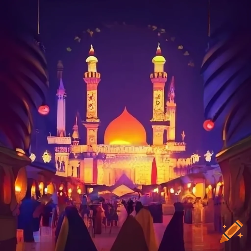 Ramadan night market with colorful lanterns and traditional mosques under a half moon