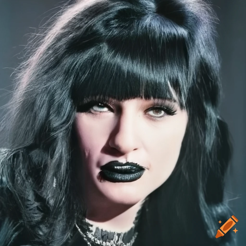 Female rockstar with black hair, heavy eyeliner, and black turtleneck