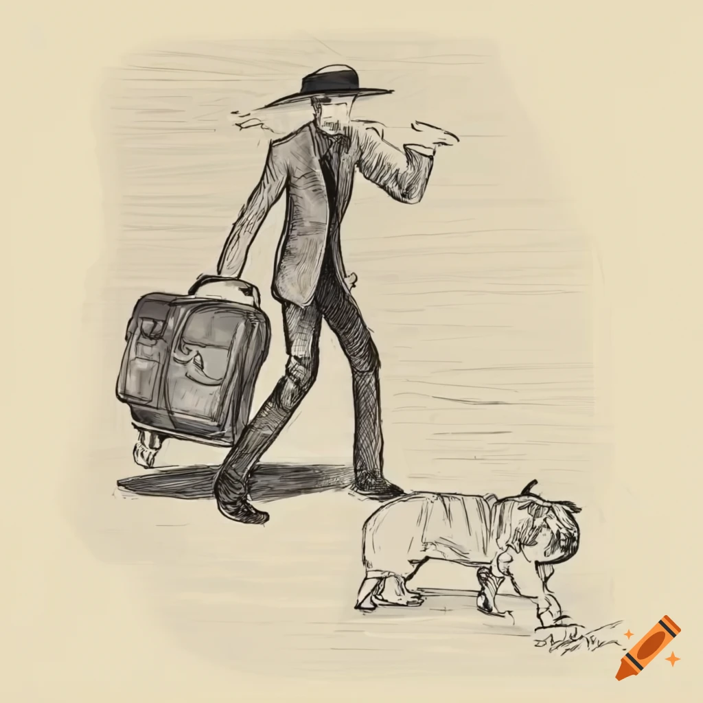 Stylish man in a Panama hat walking with a cigar, accompanied by a bulldog and travel luggage