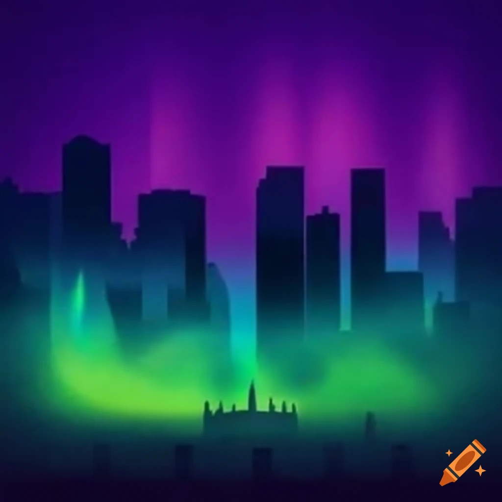 Oklahoma City skyline under vibrant Northern Lights with musical element