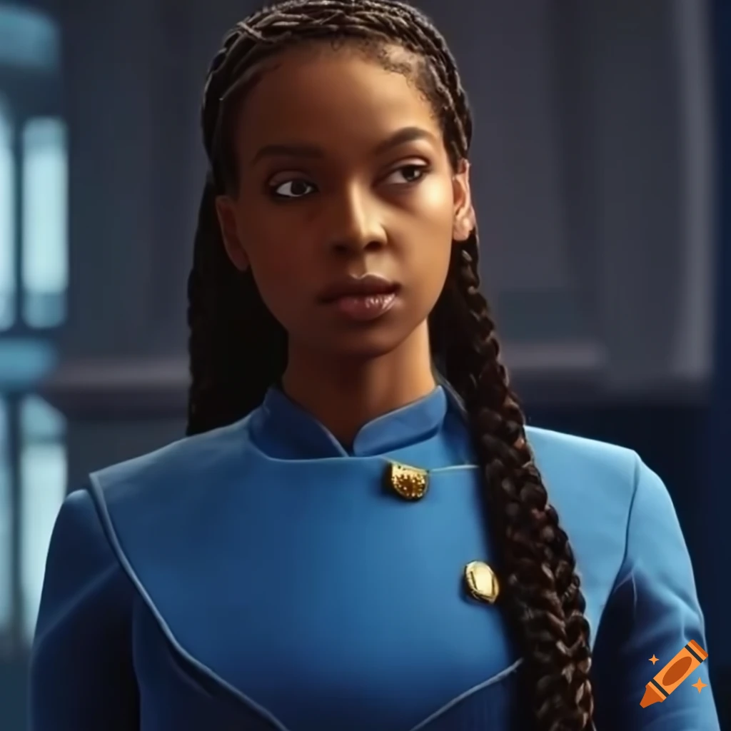 Girl with long braided hair in Starfleet nurse uniform