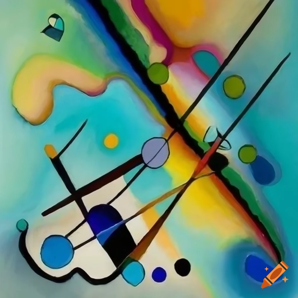 Abstract Kandinsky style painting with natural gestures in shades of gray, white, green, blue, yellow, and beige