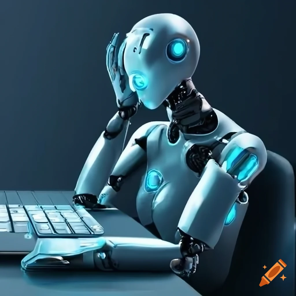 Ai robot typing on a computer in a futuristic setting on Craiyon