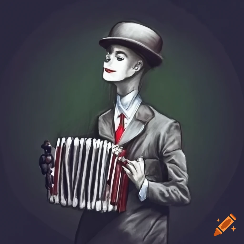 String puppet playing accordion bandoneon in a formal theatre setting
