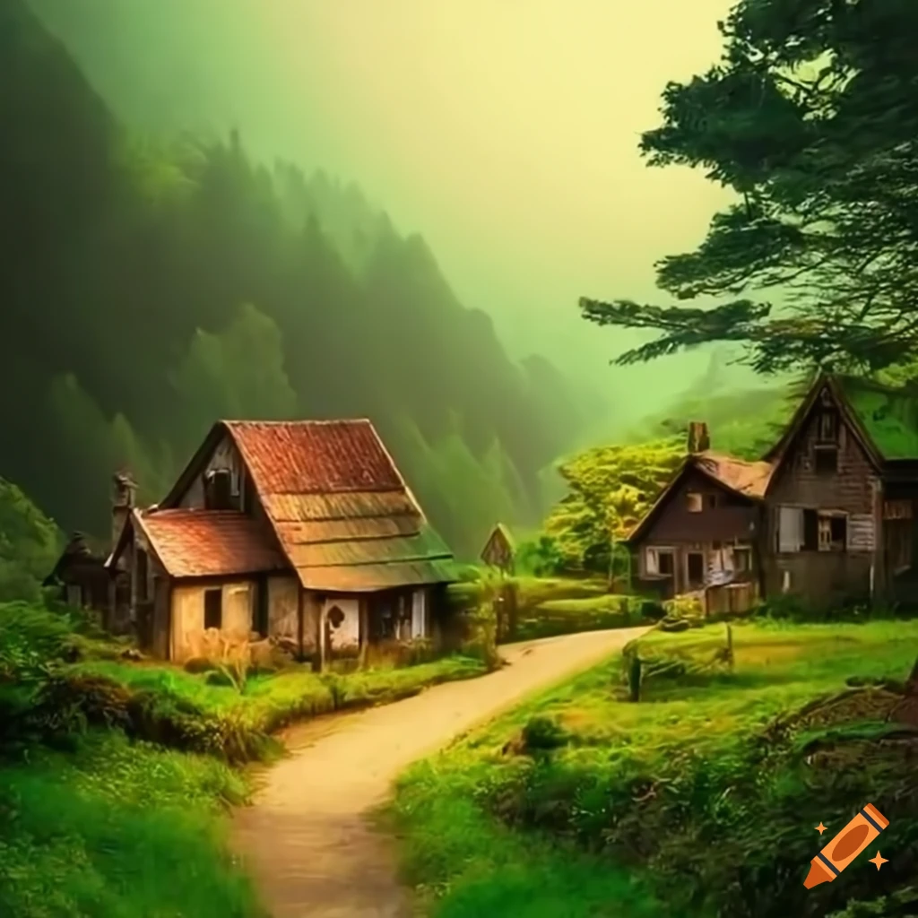 Scenic small village among rolling hills and forests with a winding river