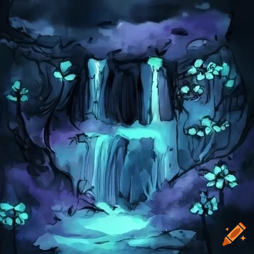 Watercolor painting of a glowing water cave with rain and flowers