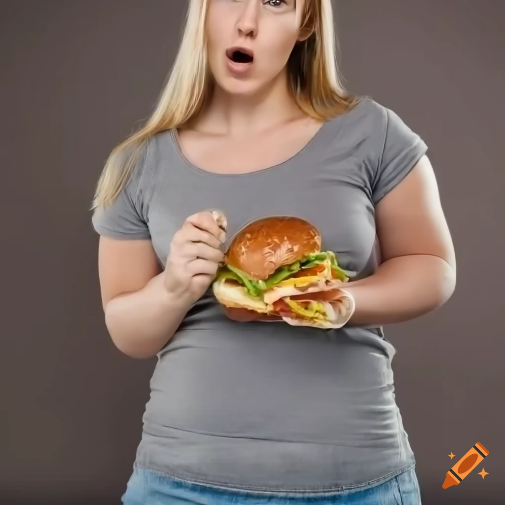 Young woman enjoying a giant burger in casual outfit