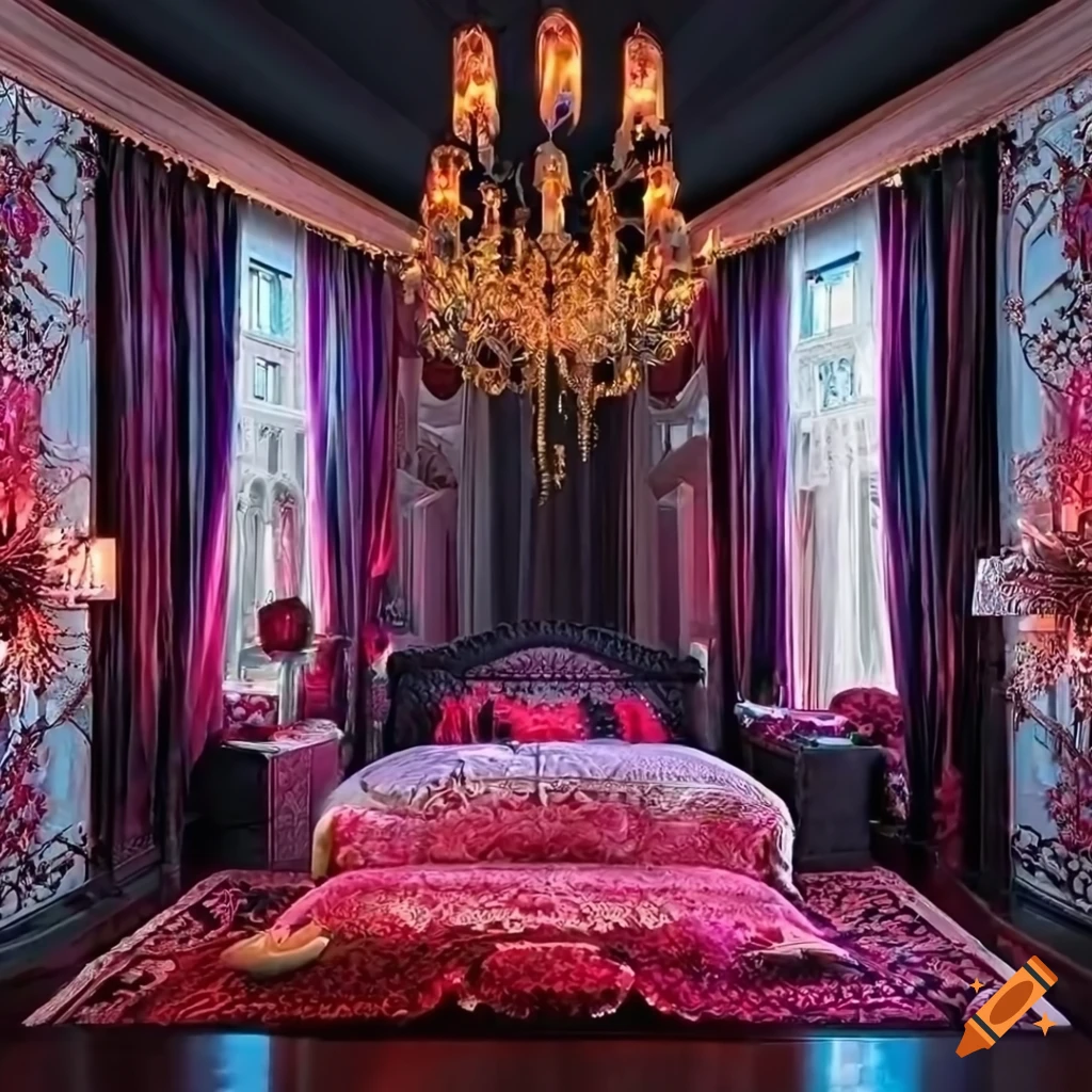 Whimsical gothic bedroom in strawberry hues with intricate tapestries ...