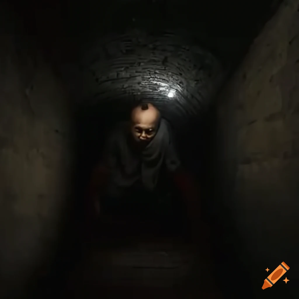 Man crawling through a pipe tunnel into a basement