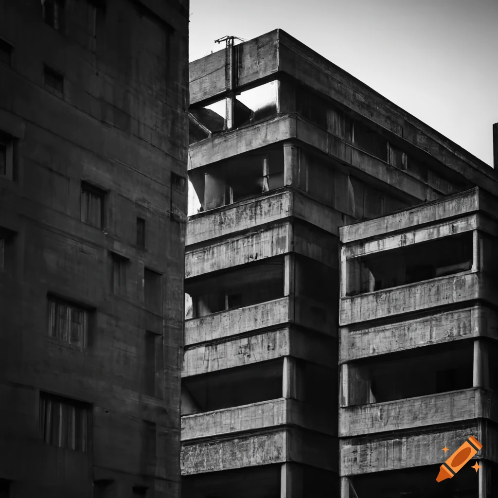 Grayscale photograph of brutalist architecture factory in smoggy distance