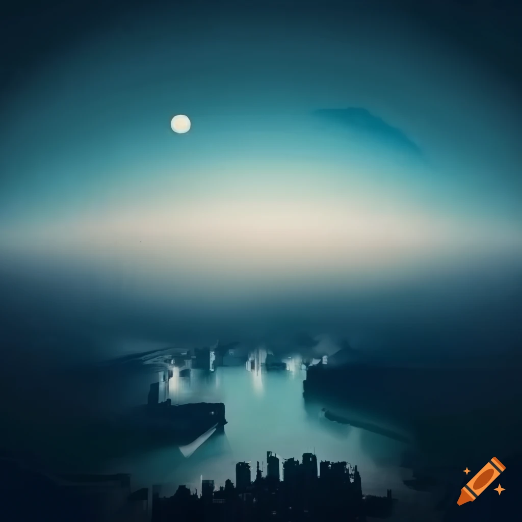 Aerial view of a city nestled in a misty valley with a half-sphere dome of mist overhead