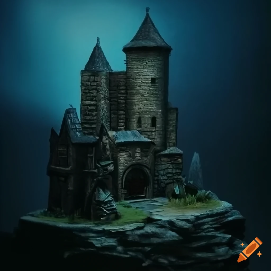 Gatehouse with flanking towers attached to a larger knight's tower house on a rocky hill at midnight