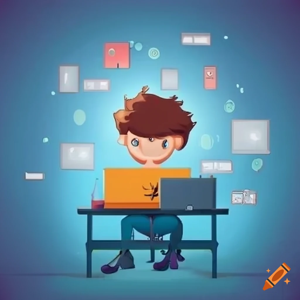 Cartoon person working at computer creating software on Craiyon
