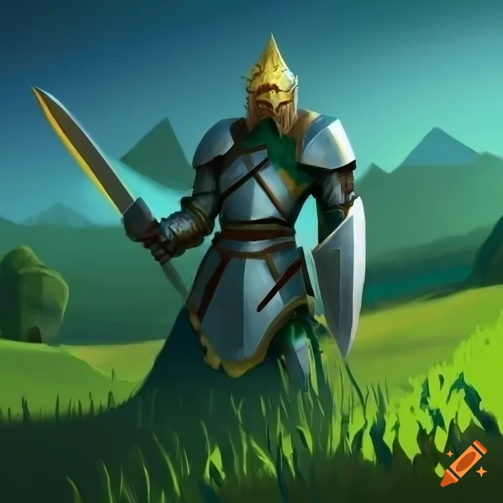 Epic noble paladin knight in detailed armor wielding a sword