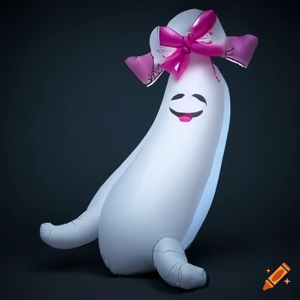 Cartoony inflatable white ghost with a pink bow in a dark room, anime art style