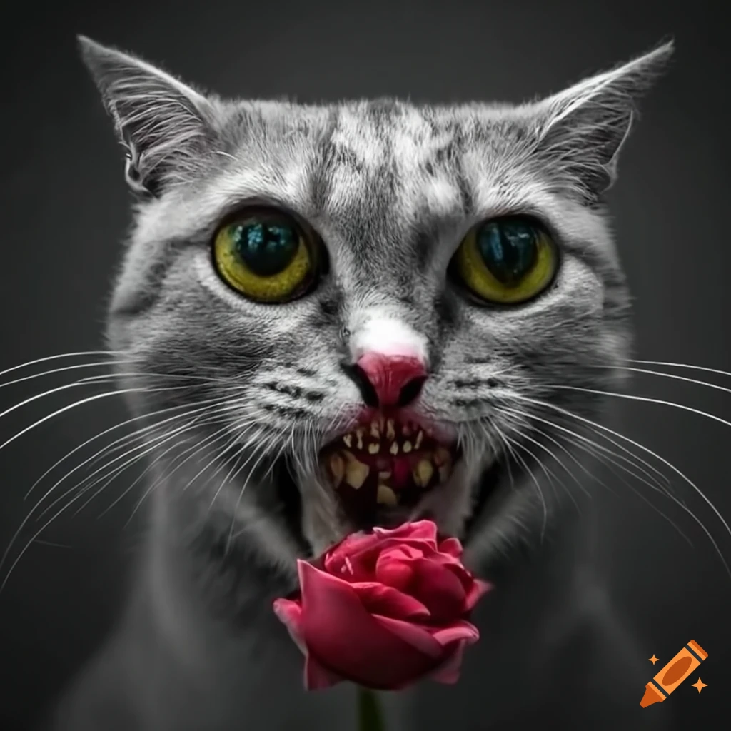 Scary cat eating roses without eyes on Craiyon