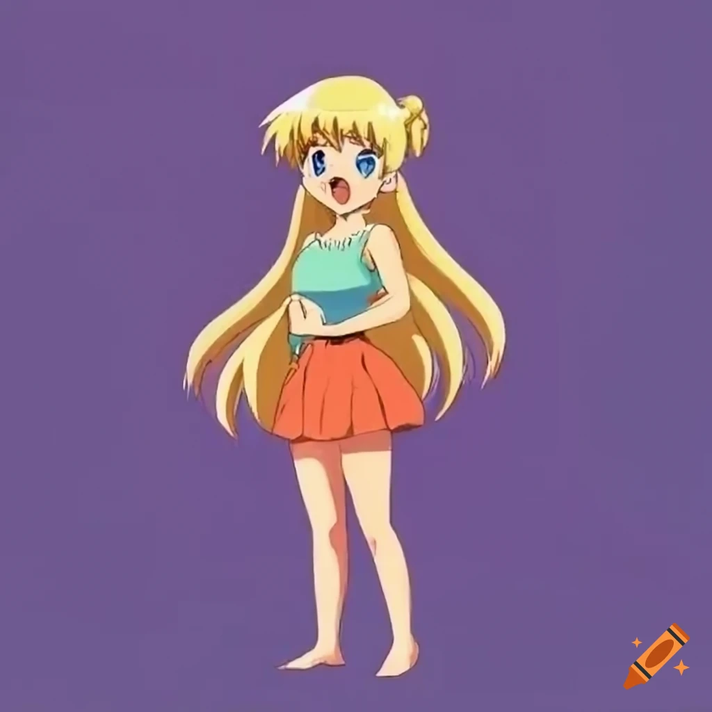 1960's anime OVA character of a cute blonde girl on white background
