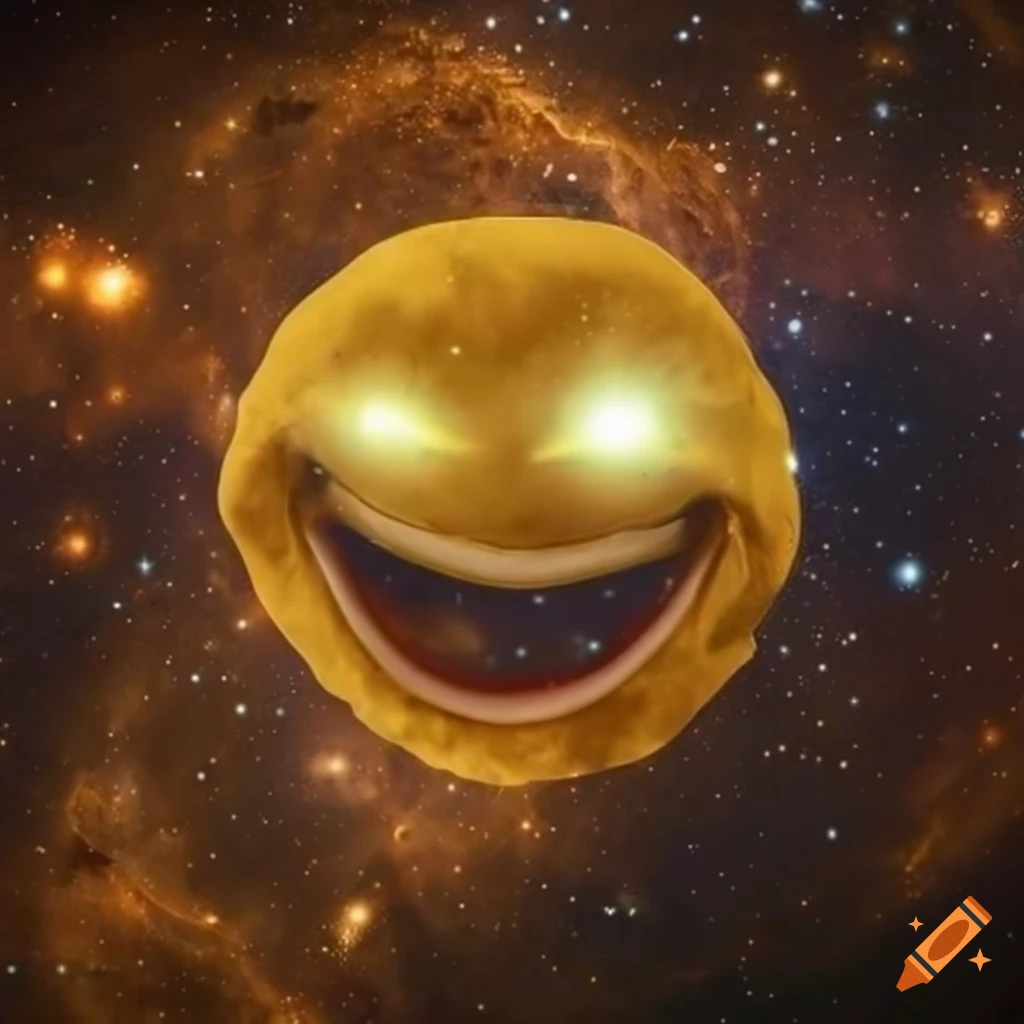 Laughing smiley mask with glowing eyes on golden nebula background