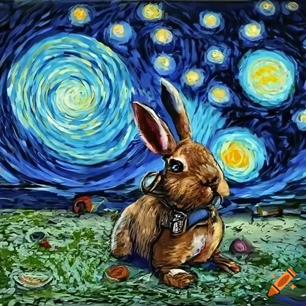 A Starry Rabbit Steampunk rabbit in a starry night with a timewarp effect on Craiyon