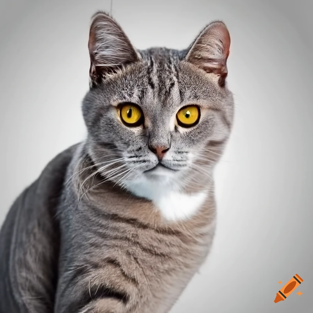 Pale gray cat with white front and yellow eyes