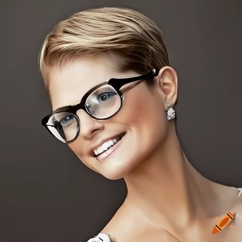 Elegant Princess Madeleine with pixie haircut and stylish glasses