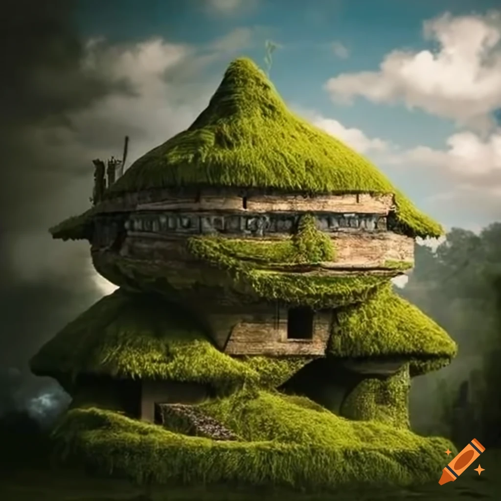 Moss-covered helical stone structure floating over a fantasy town with Mayan-style garden and airship