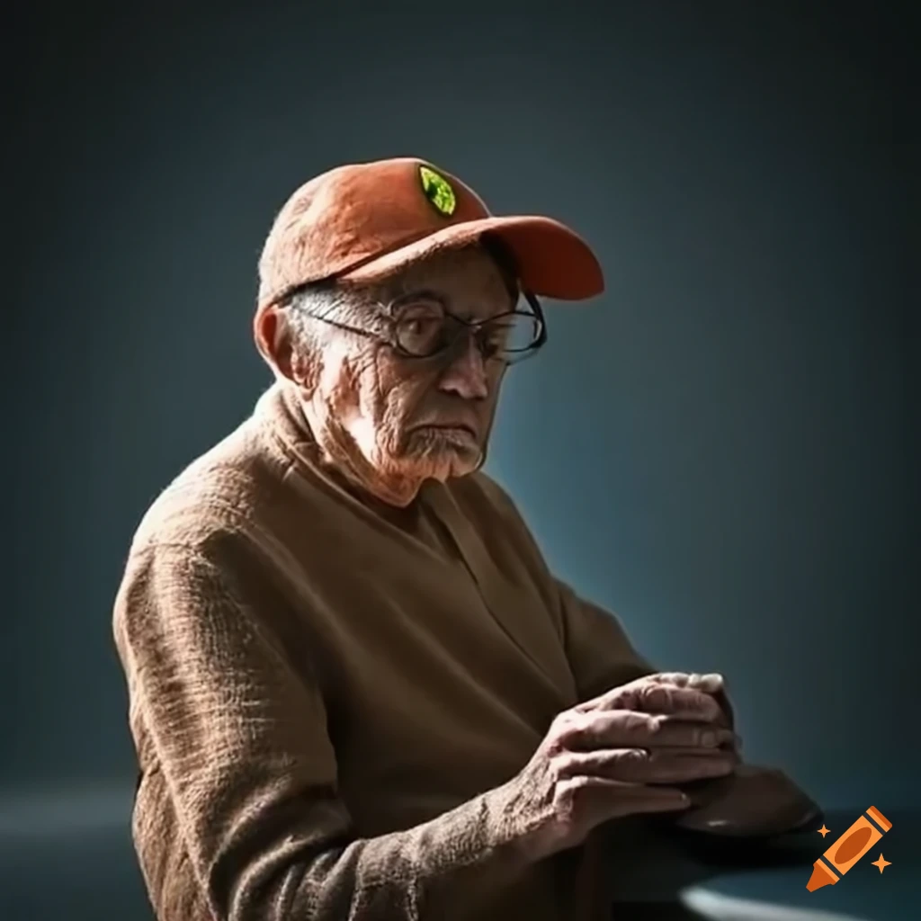 Elderly man with program management expertise seated on a rolling chair wearing a Ferrari cap