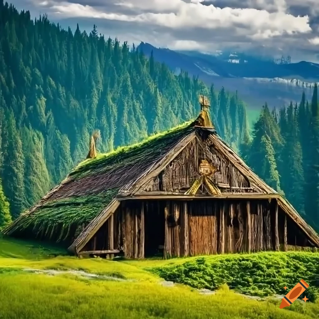 Captivating ancient viking longhouse in a mystical forest setting on