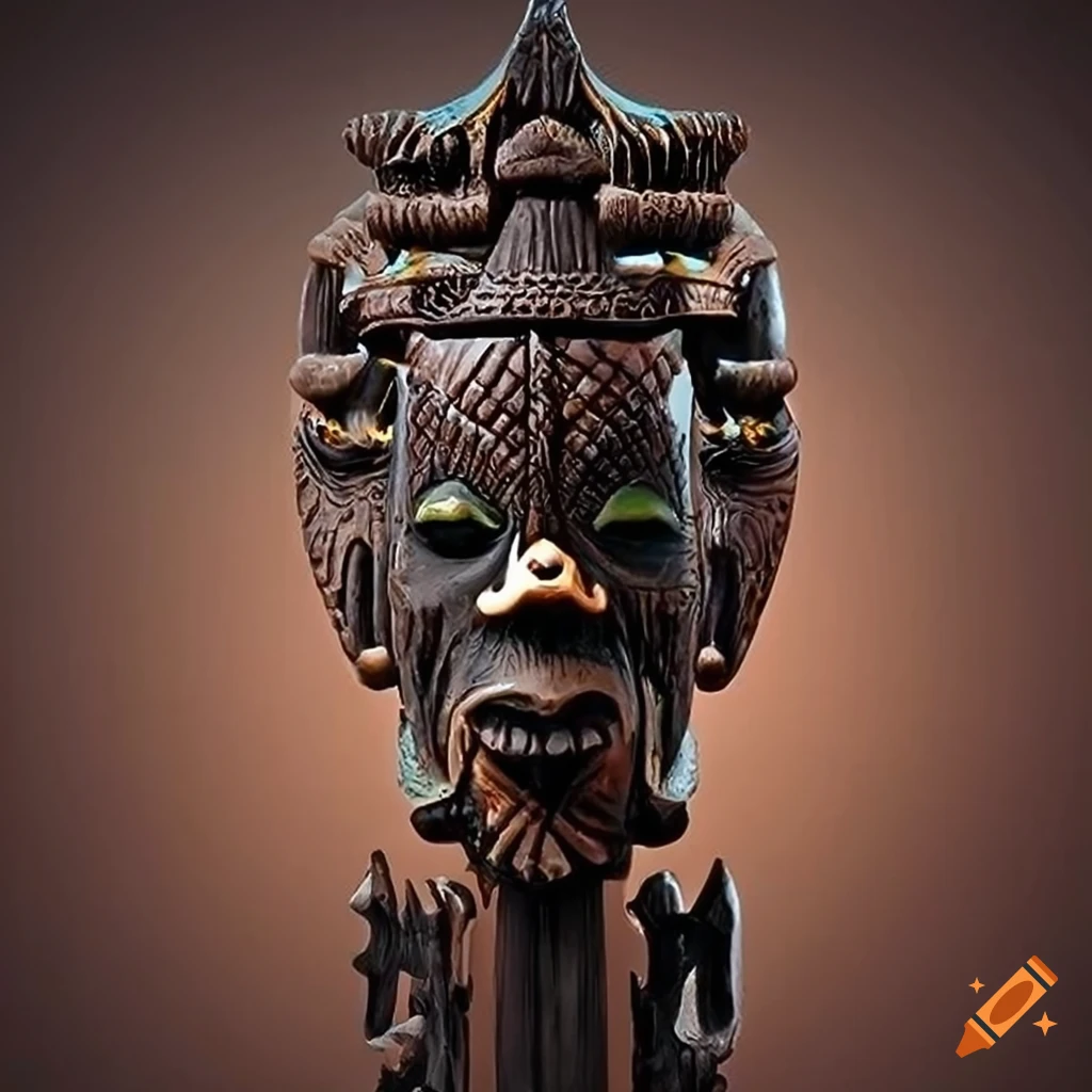 Magical voodoo architectural carving in a Zelda game motif with vibrant details