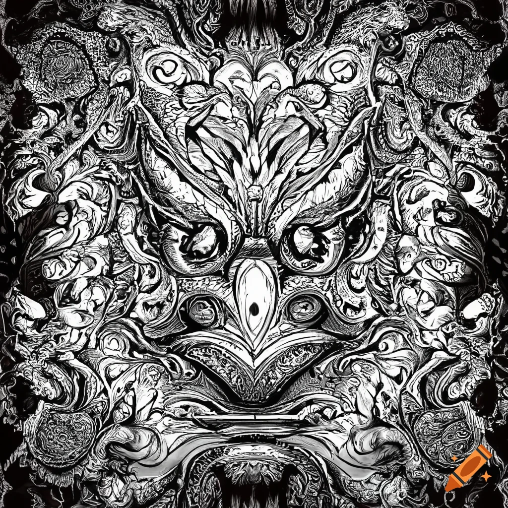 Intricate Tengu creature in a stylized black and white mandala drawing