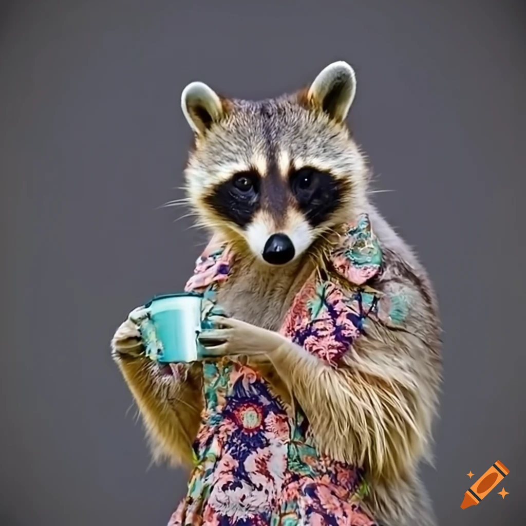 Friendly and cuddly raccoon in aloha shirt offering a drink