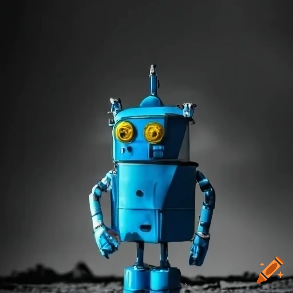 Azure robot in a frozen pass with cracked stonewall during golden hours ...
