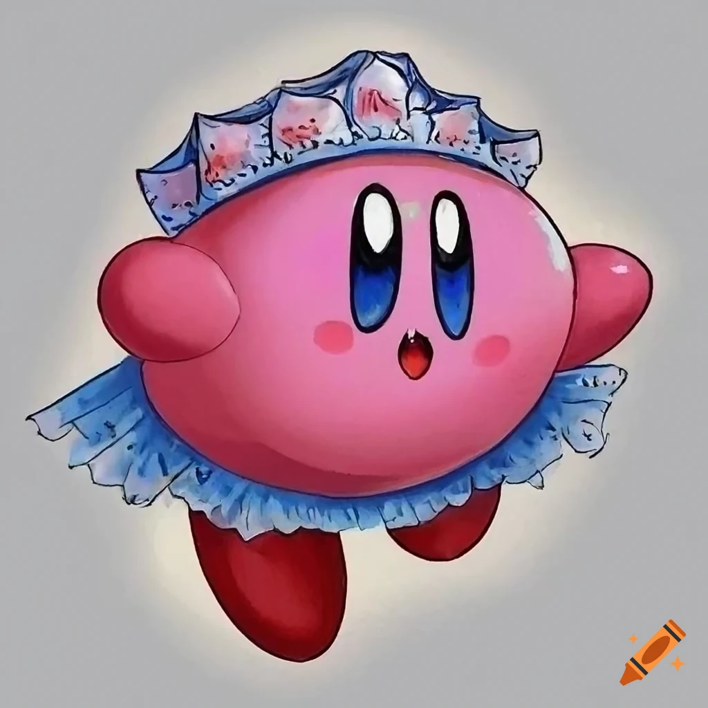 Charming illustration of Kirby in a maid uniform, watercolor artwork