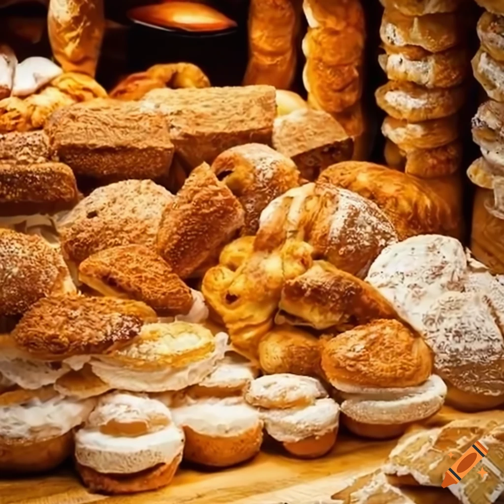 Sliced cereals and pastries displayed in a bakery