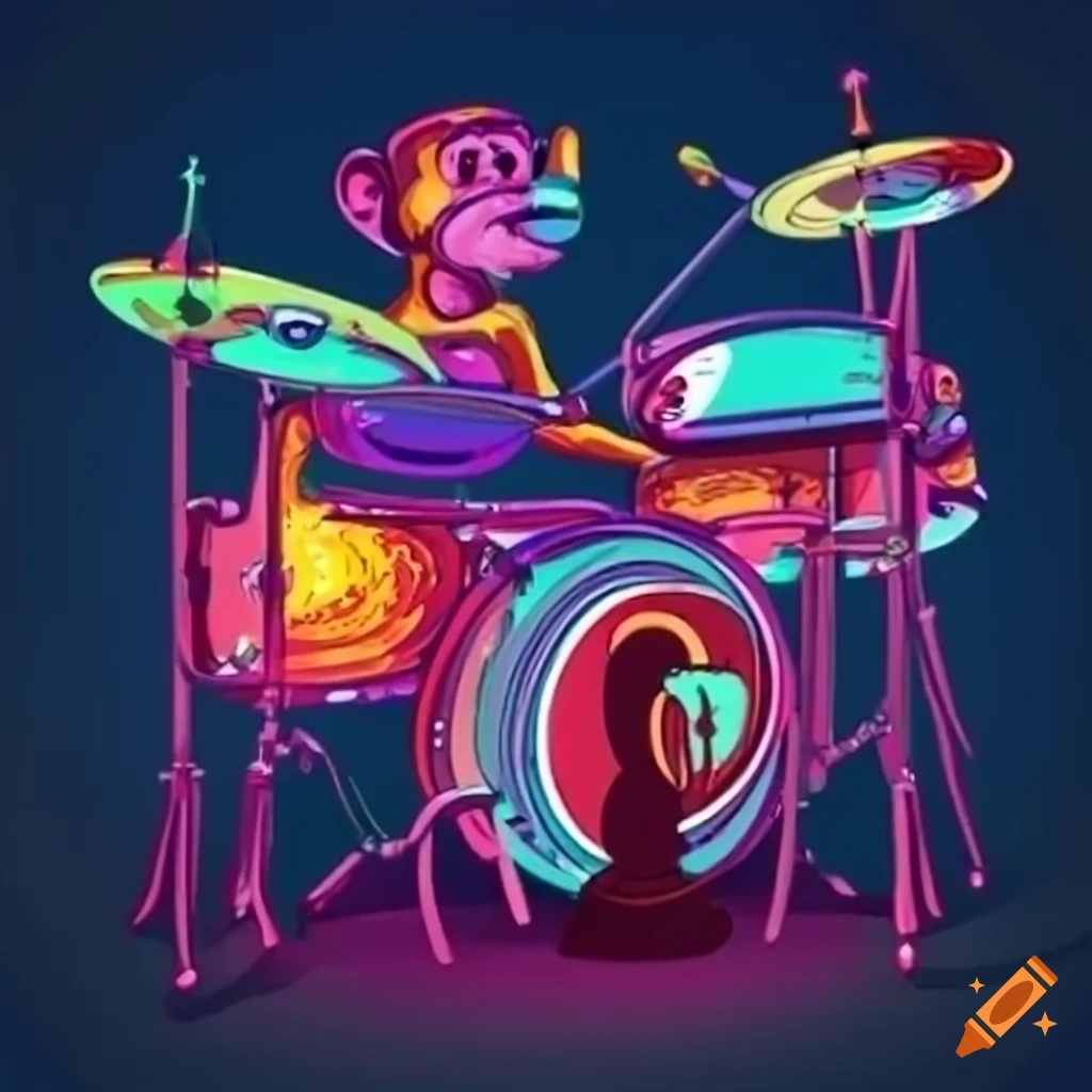 AI monkey crypto coin NFT artwork playing a drum set