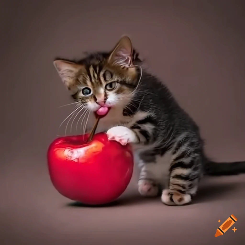 Playful kitten stretching with paws on a red cherry