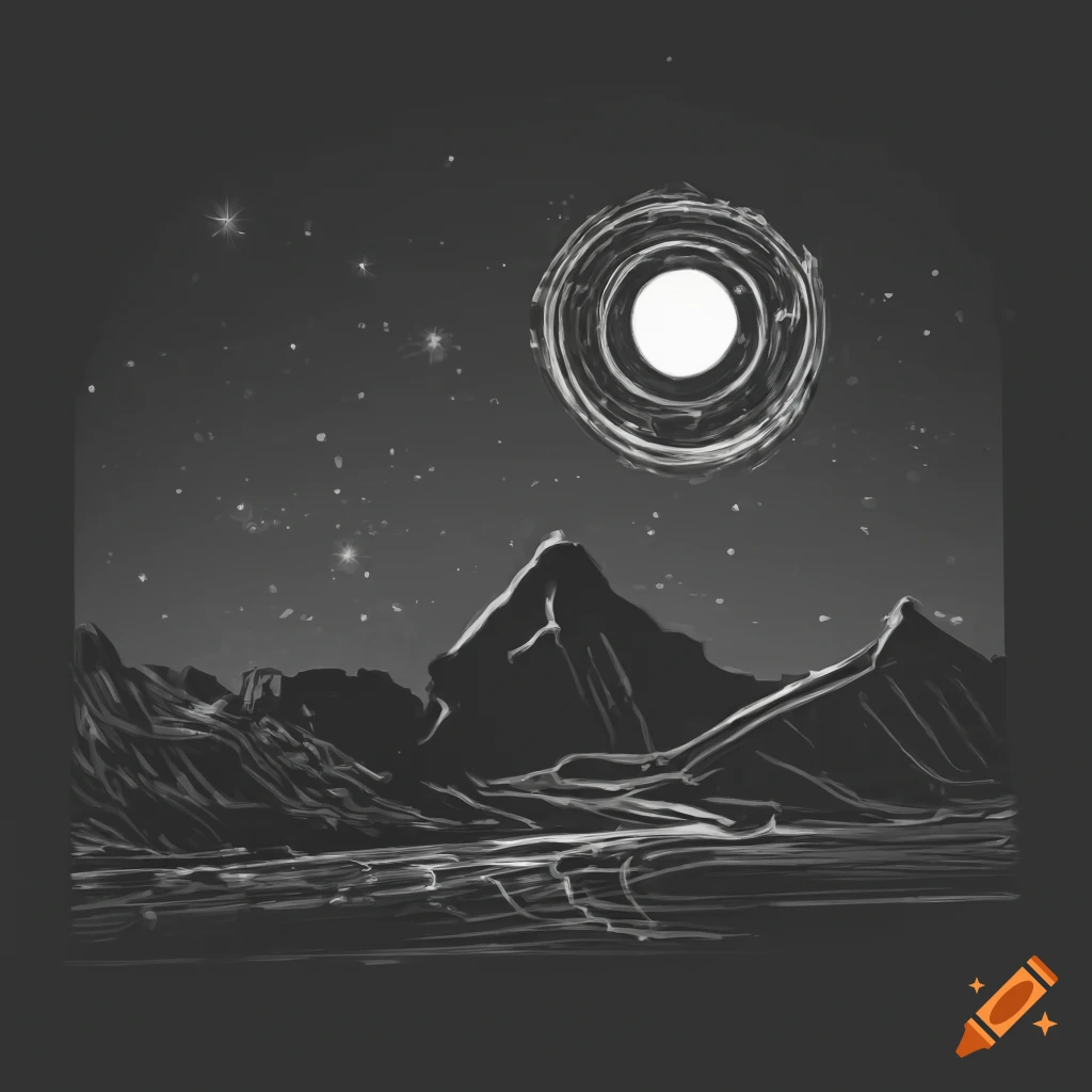 Sci-fi space landscape with martian silhouette in high contrast black and white style