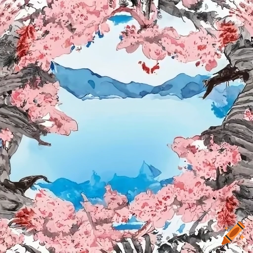 Japanese Cherry Trees by Saltwater Mountain Lake on Craiyon