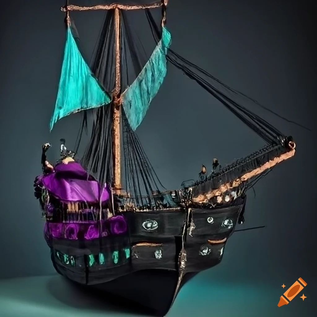 Black pirate ship with green, blue, purple accents on Craiyon