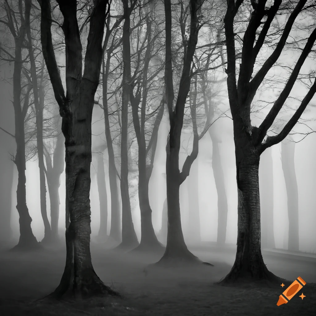 Foggy rows of trees in black and white photography on Craiyon