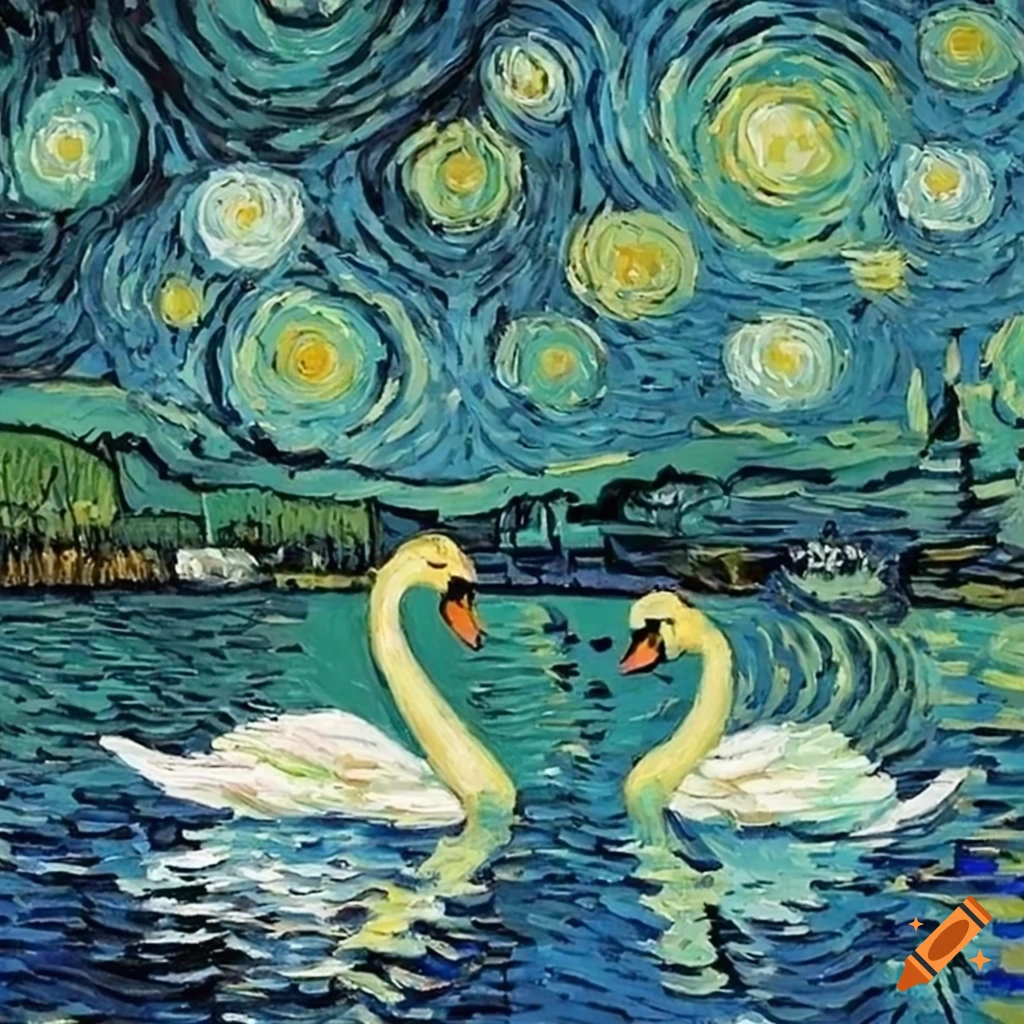 Van Gogh's painting of 3 swans swimming in a lake