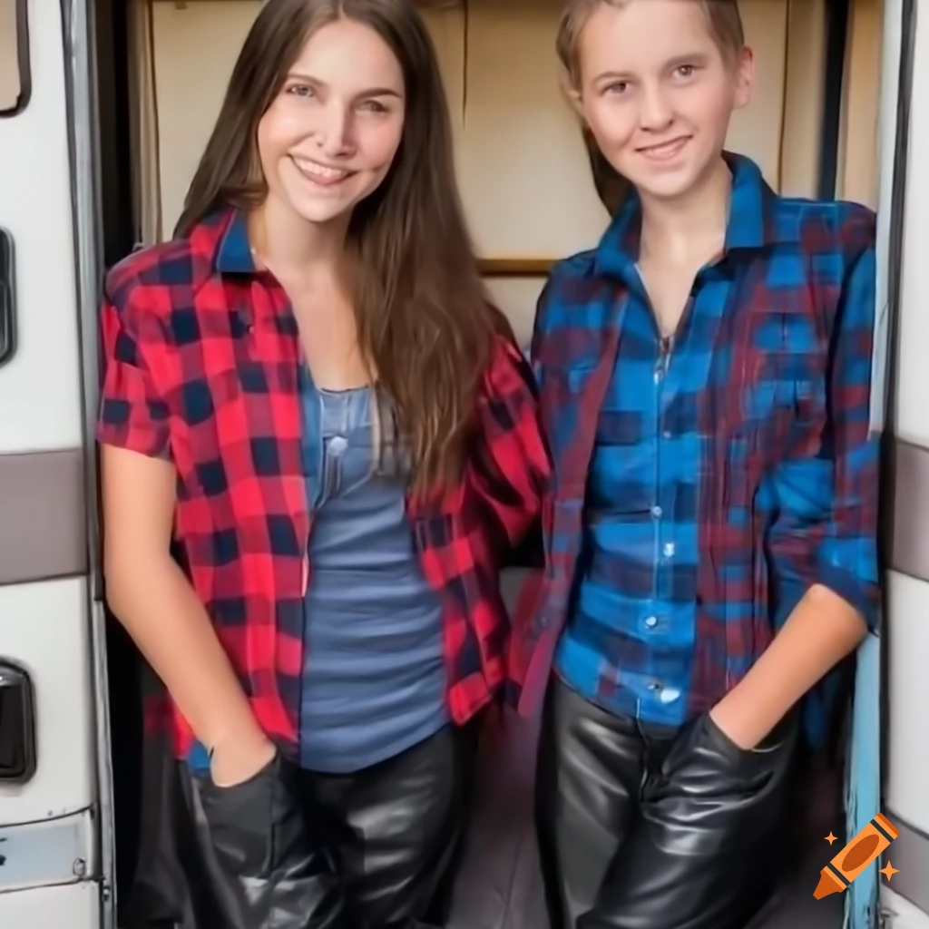 The Irimia twins, singers, in red plaid shirts and black high-waist leather trousers, standing in the doorway of an old caravan trailer