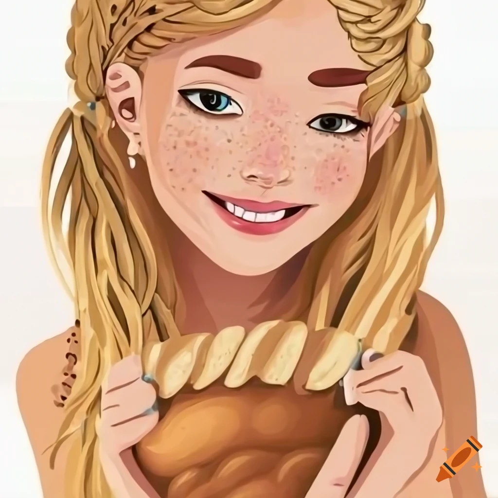 Happy blonde girl with braids and freckles holding a loaf of bread