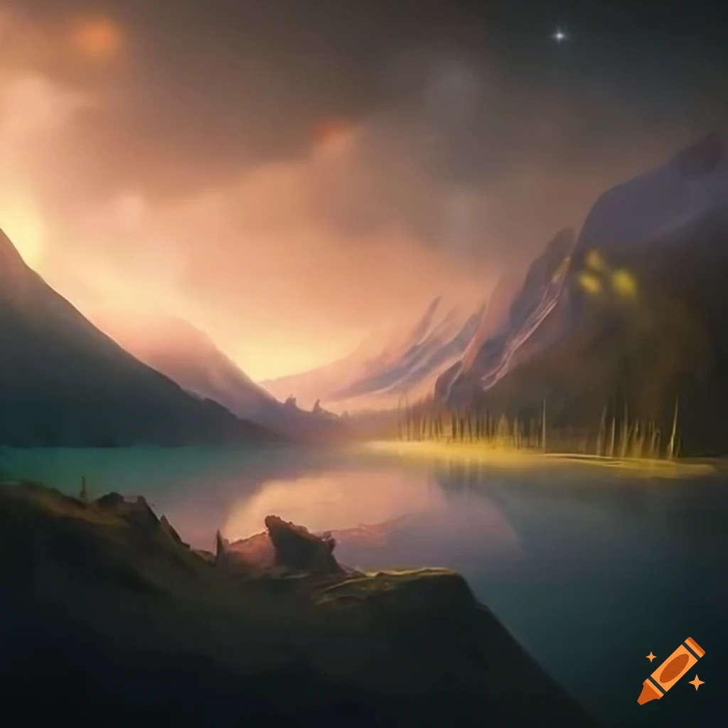 God rays shining on mountain lake creating naturalistic awe