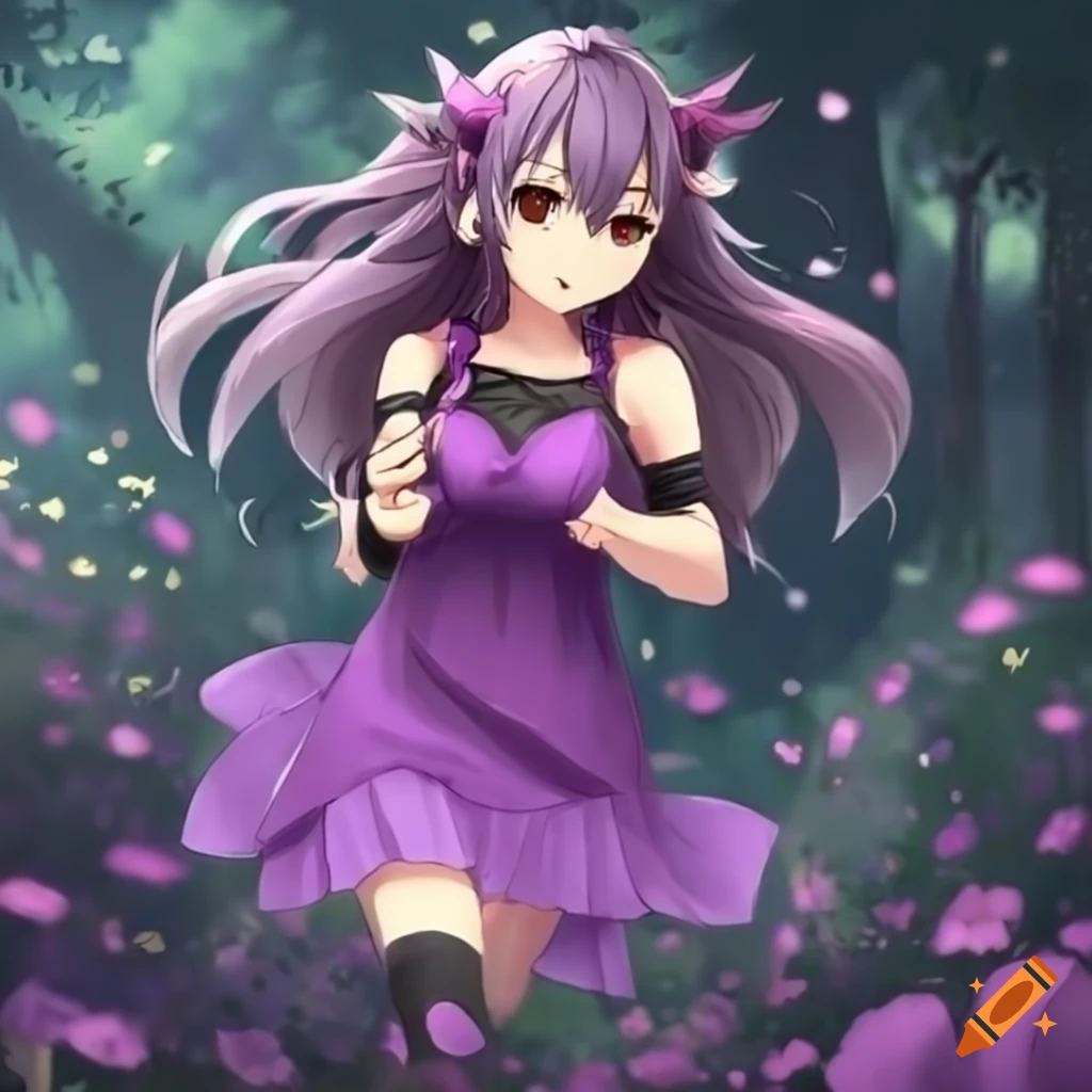 Shinoa Hiiragi running in a meadow in a purple dress