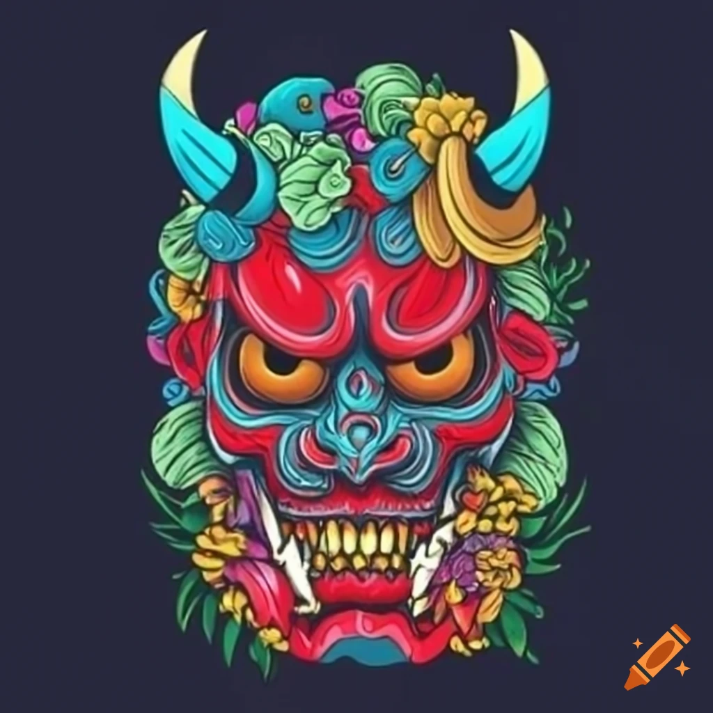 Oni mask in Japanese tattoo style with flowers on white background