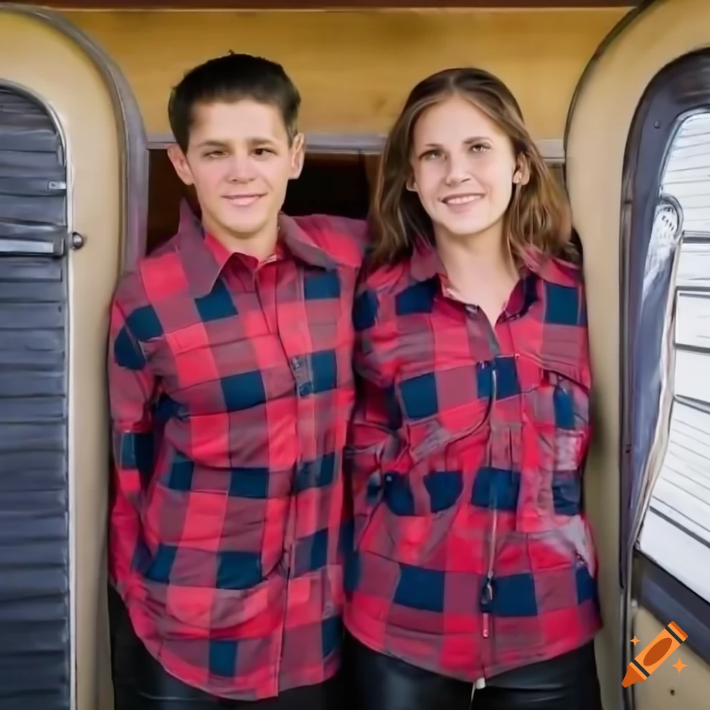 The Irimia twins, singers, in red plaid shirts and black high-waist leather trousers, standing in the doorway of an old caravan trailer